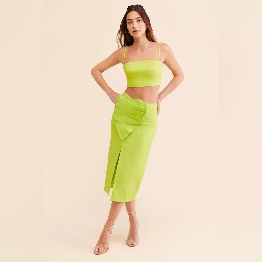 FARM Rio Mia 100% Linen Leaf Midi Skirt Neon Green